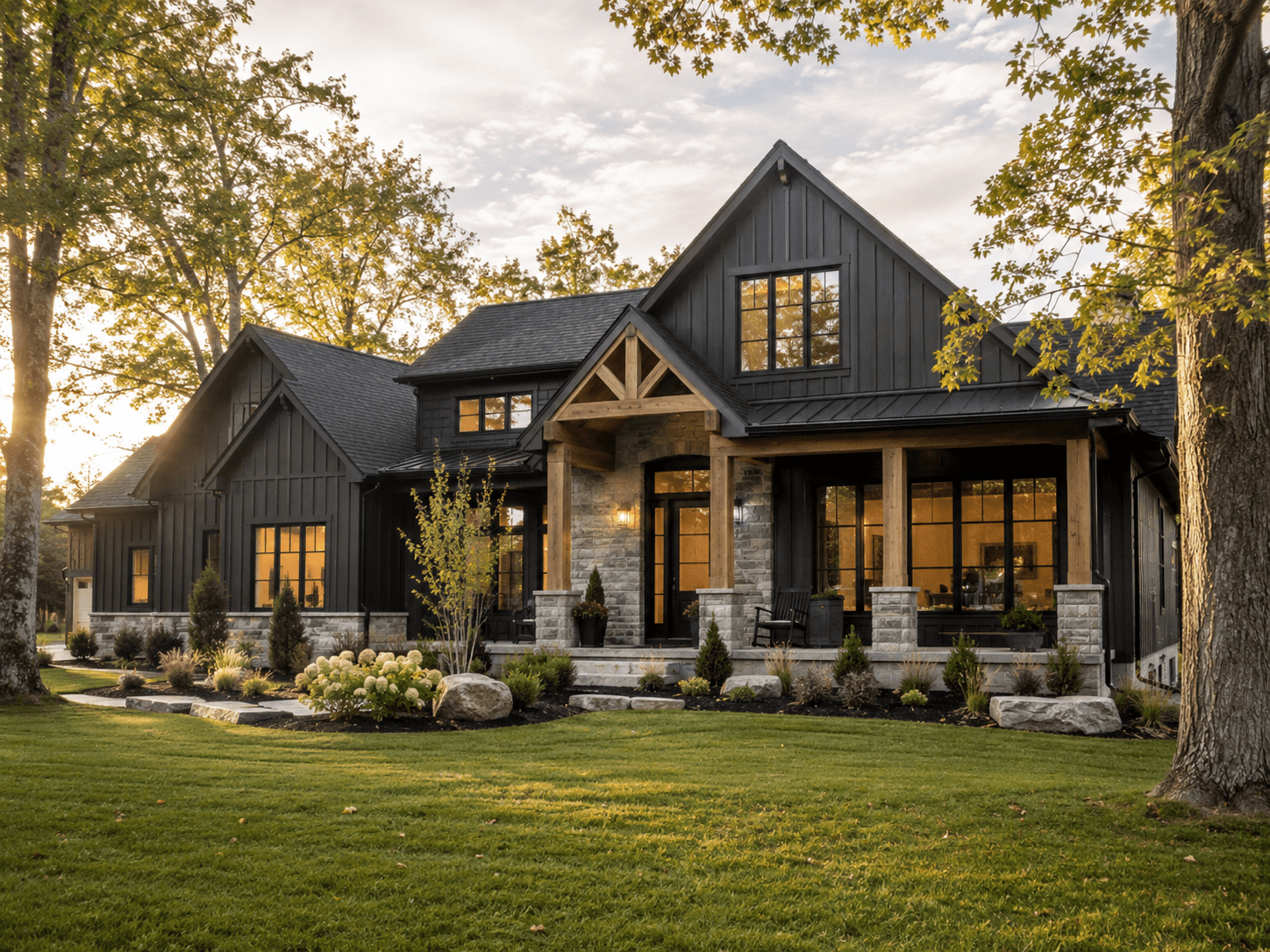 Warm custom home exterior with dark siding and cedar details