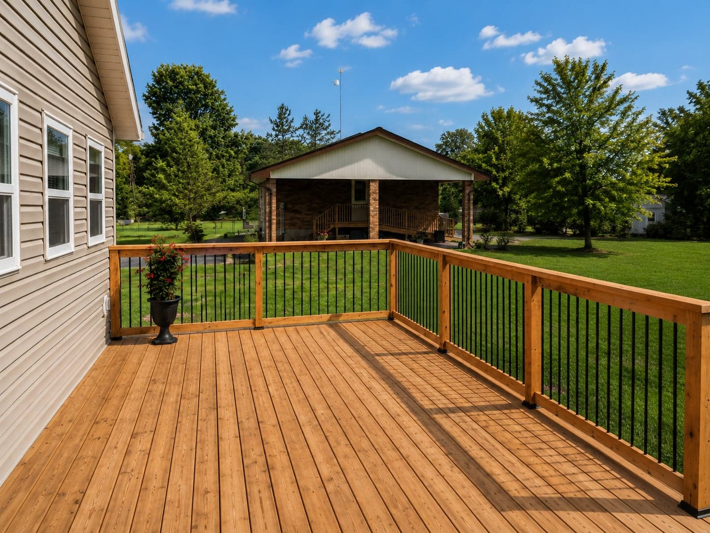 Outdoor deck connected to a custom home and surrounding property